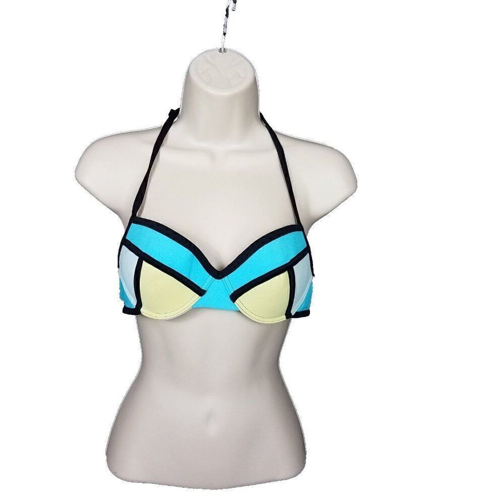 Xhilaration Small Bikini Top High Lighter Yellow Bright Blue Adjustable Swimming